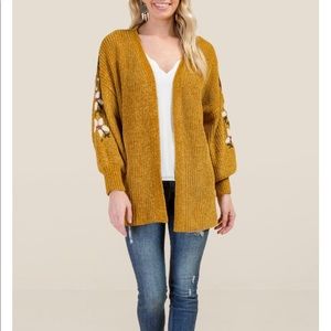 Mustard Yellow, Floral Detail Velor Cardigan